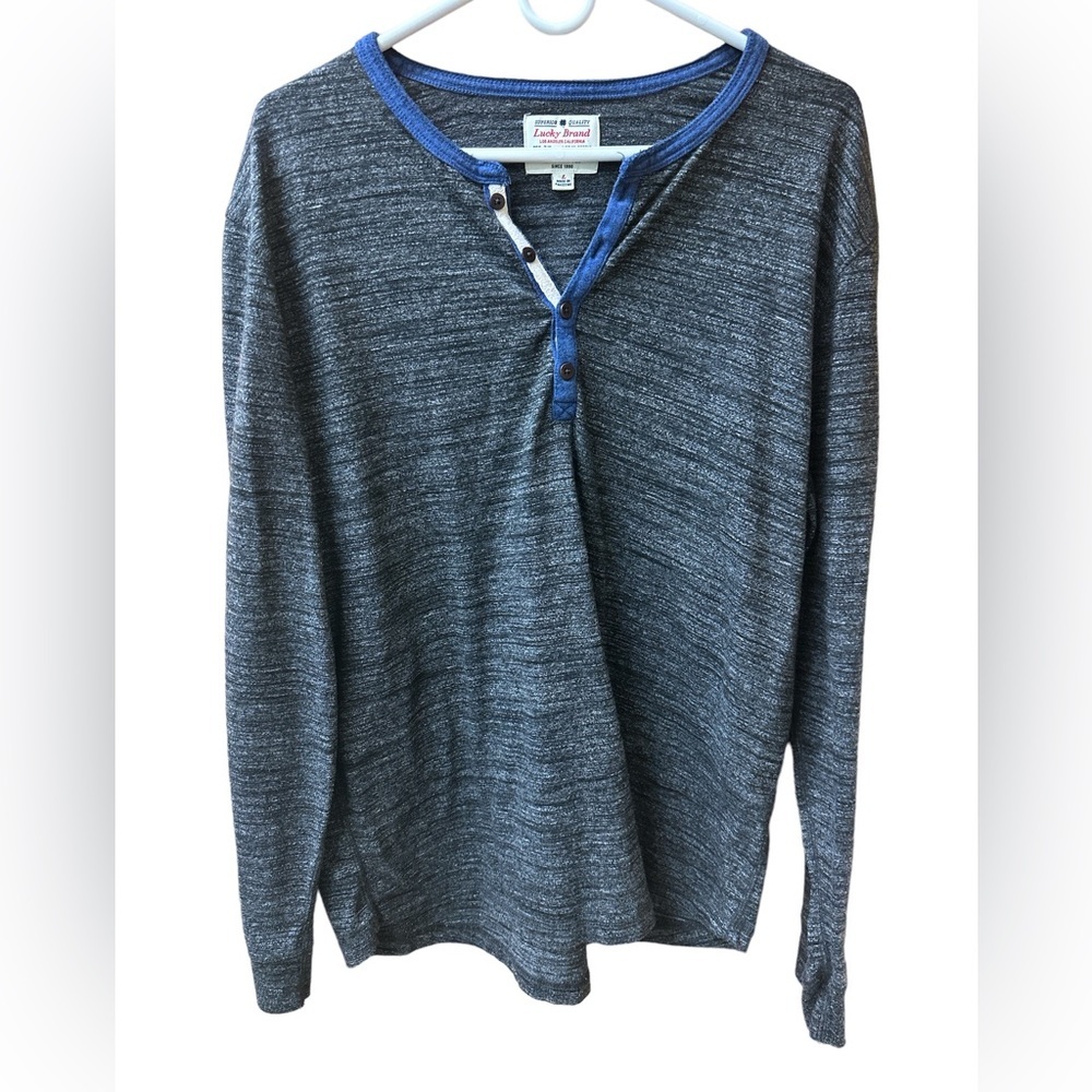 Lucky Brand Men’s Henley Gray w Blue Trim Sz Large Excellent